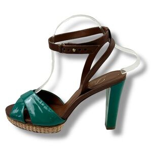 Delman Size 7 Dani Platform Heel Sandal Turquoise Patent Leather Strappy Party